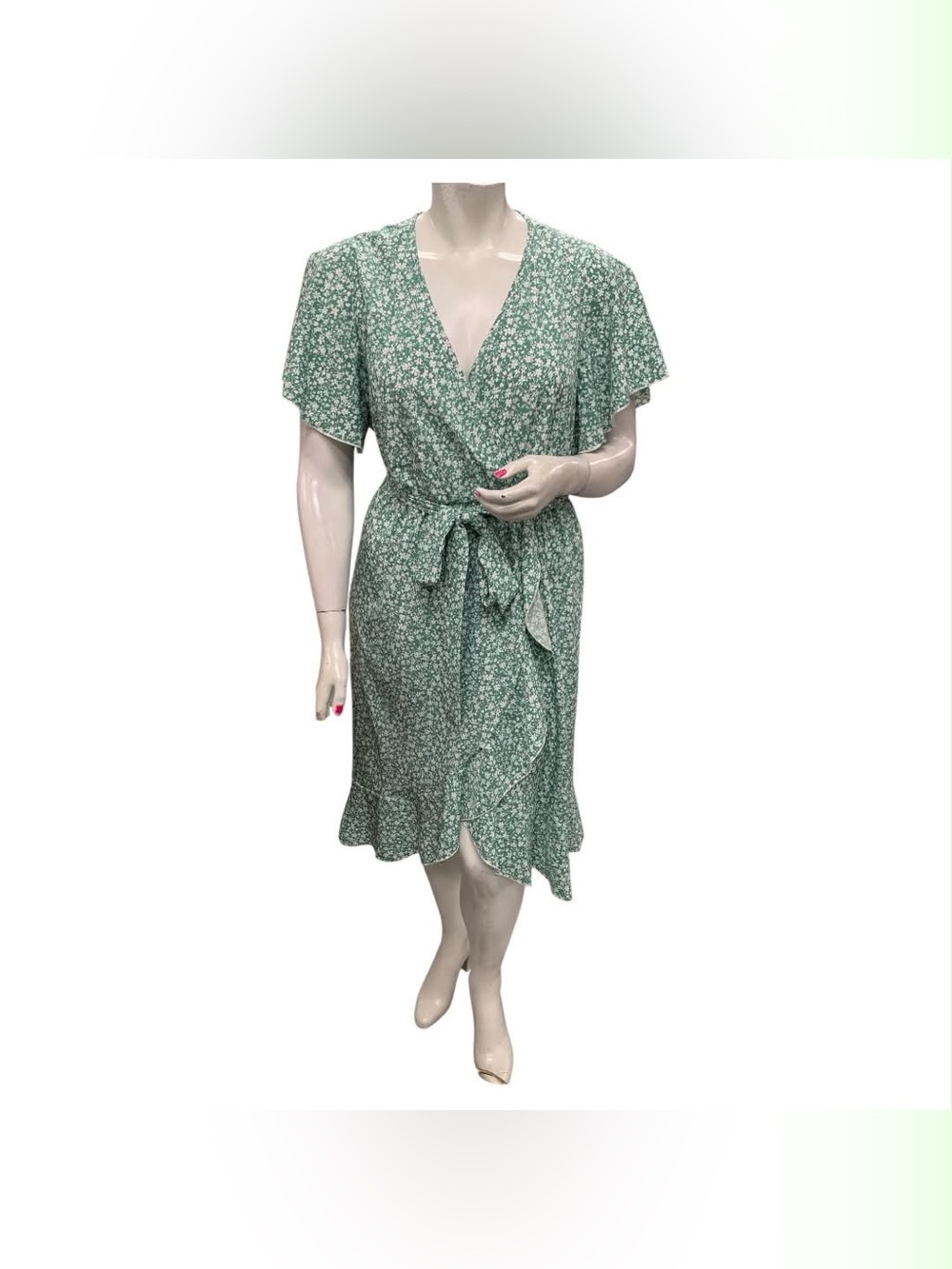 Sage Green Floral Wrap Dress with Tie Size XL